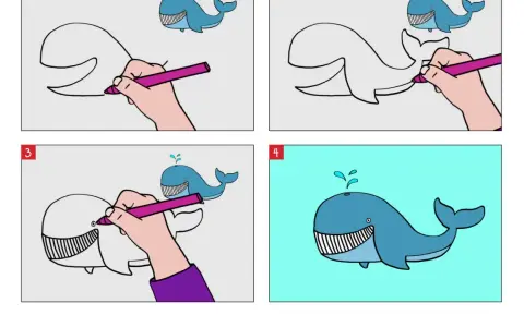 Étapes pour un dessin baleine bleue facile : une main colorie une baleine, puis la termine.