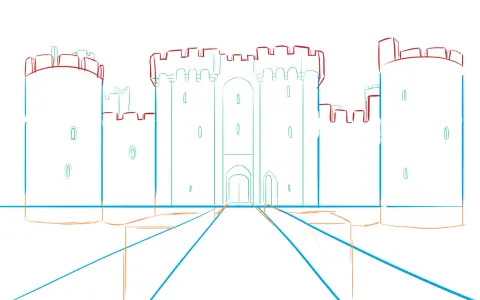 Esquisse d'un dessin de château fort avec des tours et des remparts, le chemin d'accès est marqué par des lignes bleues et oranges.