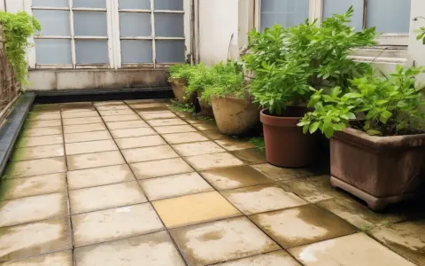 Des plantes vertes dans des pots ornent une terrasse carrelée, une idée pour comment recouvrir une terrasse abîmée.