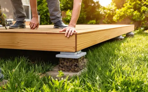 Construction d'une terrasse en bois sur pelouse. Des mains ajustent les lames d'une nouvelle terrasse sur des supports.