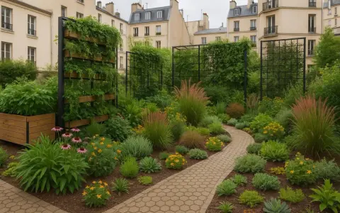 Un petit jardin de ville luxuriant avec un chemin sinueux, des plantes vertes, des graminées et des fleurs roses et jaunes, entouré d'immeubles.