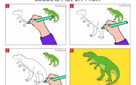 Étapes pour un tyrannosaure dessin facile : une main dessine un dinosaure vert, étape par étape, pour un résultat final impressionnant.