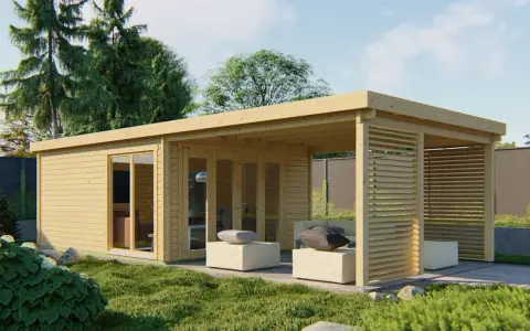 Aménagement intérieur d'une cabane en bois moderne avec salon extérieur invitant.