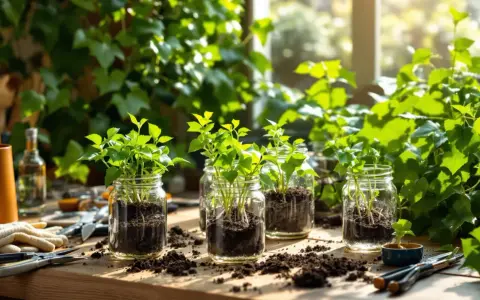 Jeunes pousses de lierre en pot dans des bocaux en verre, sur une table en bois, avec des outils de jardinage.