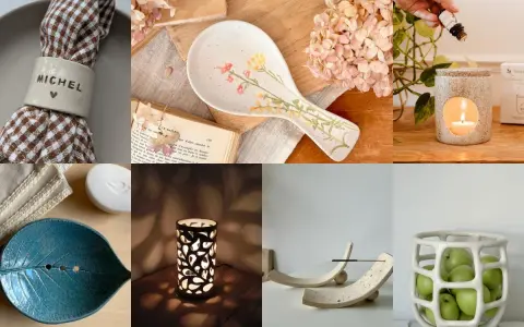 Idée poterie sans tour : porte-serviette personnalisé, cuillère décorée, diffuseur, porte-savon feuille, photophore ajouré, repose-baguette, corbeille à fruits.