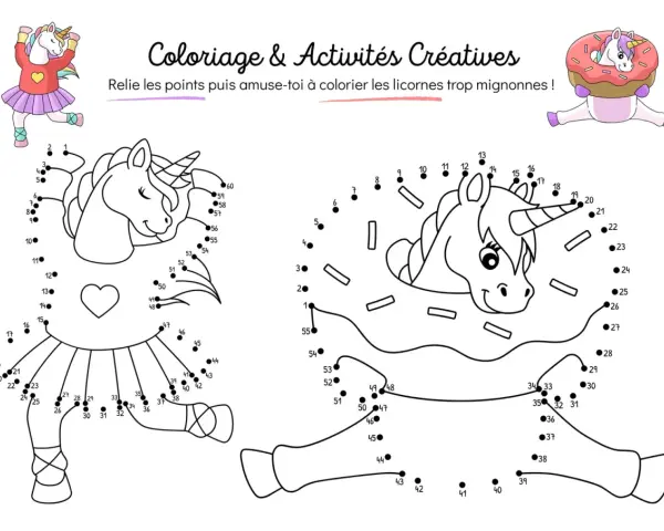 Un modèle de licorne à relier et colorier, avec une autre licorne dans un donut.