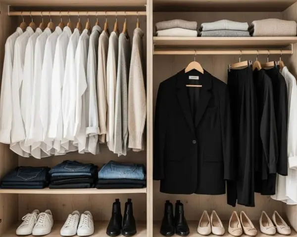 Un dressing organisé : chemises blanches, pulls, jeans pliés, un blazer noir et des pantalons noirs. Idéal pour savoir comment ranger son dressing.