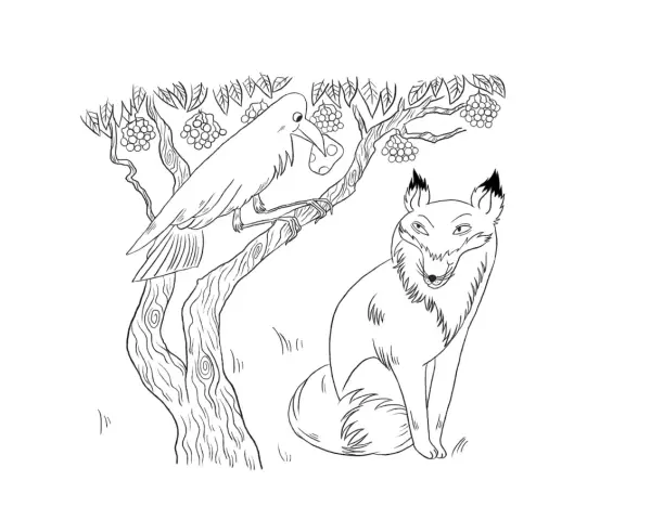 Dessin le corbeau et le renard : un corbeau perché sur une branche tient une grappe de raisin dans son bec, tandis qu'un renard le regarde avec malice en contrebas.