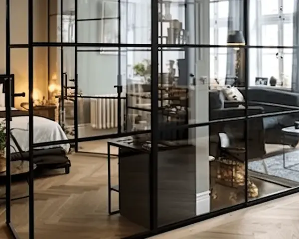 Une verrière noire sépare élégamment une chambre d'un salon, permettant de séparer une pièce en deux sans travaux.