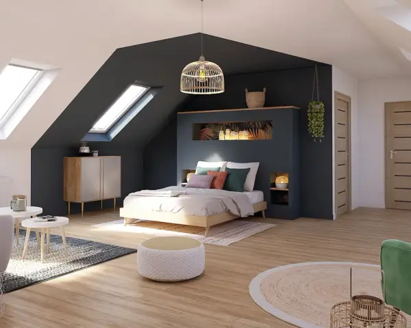 Chambre mansardée avec deux fenêtres de toit, une pour séparer une chambre en deux avec une seule fenêtre, lit douillet, mobilier moderne.