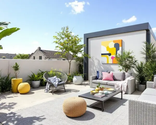 Une superbe idée terrasse extérieur : salon de jardin gris, coussins colorés, pouf en osier, plantes luxuriantes et tableau abstrait.
