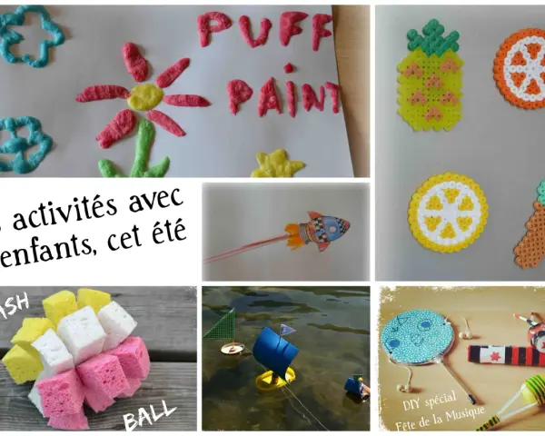 Des activités pendant les vacances scolaires : peinture gonflante, perles à repasser, fusée, bateaux, maracas.
