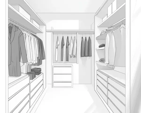 Plan dressing dimension : une penderie bien organisée avec des étagères, des tiroirs et des vêtements suspendus.