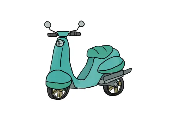 Un dessin simple d'une moto maternelle turquoise, avec des roues noires et dorées, des rétroviseurs et un phare orné d'un croisillon.