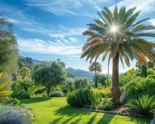 Un jardin luxuriant sous un ciel bleu, avec un grand palmier au soleil. Une idée de paysage méditerranéen paisible.