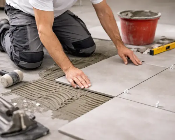 Un carreleur pose du carrelage au sol, appliquant la colle avec une truelle. Outils et seau de ciment à proximité.