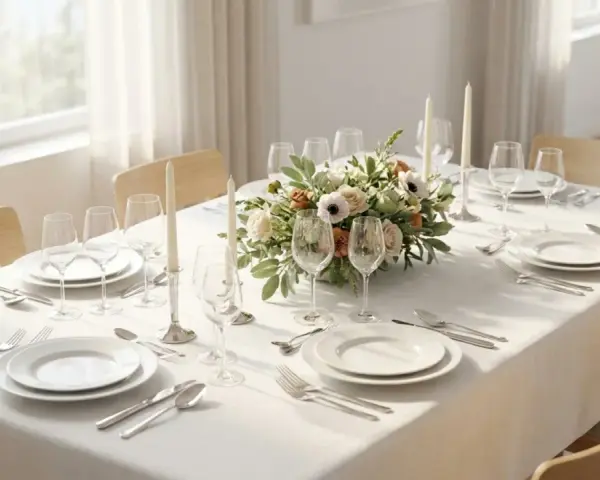 Un élégant centre de table floral orne une table dressée pour un repas, avec des bougies et des verres à vin.
