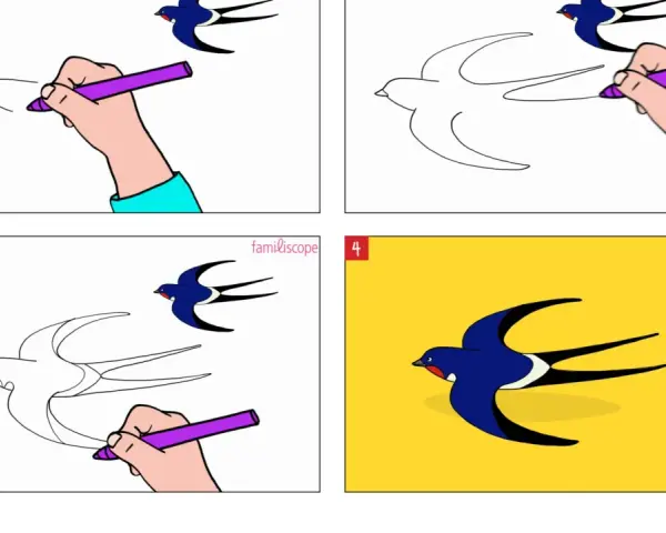 Étapes pour un dessin hirondelle facile : une main dessine une hirondelle en vol, puis la complète avec des couleurs vives sur fond jaune.