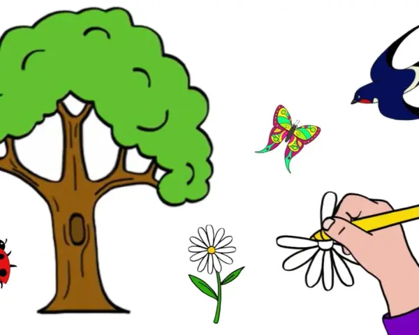 Un arbre, une coccinelle, un papillon coloré, une hirondelle et des fleurs. Un dessin printemps facile pour apprendre à colorier.