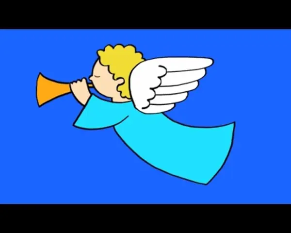 Un dessin angel facile d'un ange aux cheveux blonds, soufflant dans une trompette, vêtu d'une robe bleue et portant des ailes blanches, sur fond bleu.