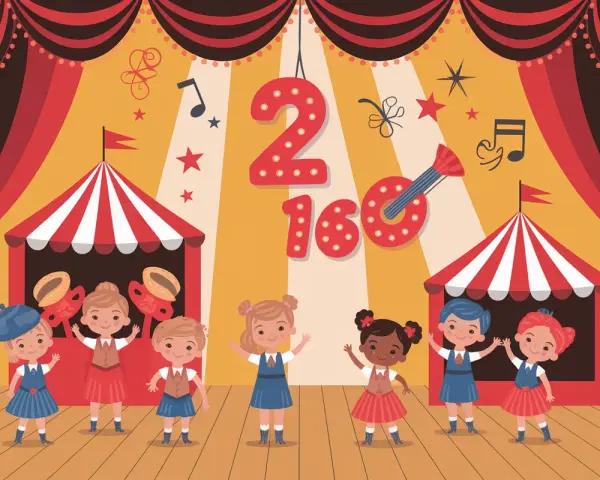 Scène de spectacle colorée avec des enfants joyeux, des tentes de cirque et des chiffres lumineux "2" et "160". Parfait pour un spectacle enfant 2 ans.