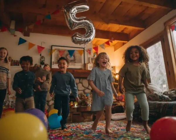 Des enfants sautent de joie lors d'une fête d'anniversaire à domicile, avec un ballon en forme de 5. Une belle idée animation anniversaire à domicile !