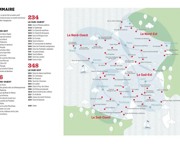 Carte de France avec des régions touristiques et des points d'intérêt, idéale pour une sortie avec les enfants.
