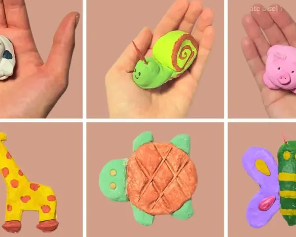 Collection de petits animaux en pâte à sel : vache, escargot, cochon, girafe, tortue et papillon.
