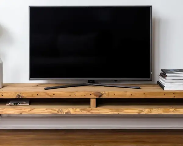 Meuble TV DIY en bois brut avec une plante verte dans un vase blanc, une pile de livres et un objet décoratif doré.