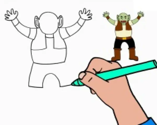 Un dessin ogre facile prend vie ! Une main colorie un croquis d'ogre, tandis qu'un ogre coloré apparaît à côté.