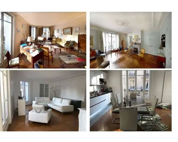 Avant/après rénovation appartement : salon et cuisine transformés, passant d'un style classique à une décoration moderne et épurée.