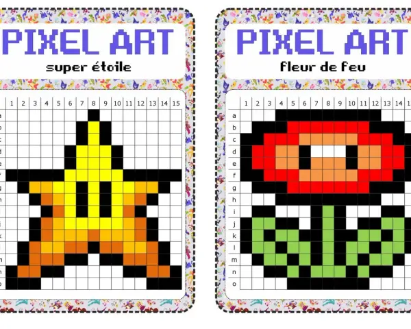 Deux grilles pixel art : une étoile jaune et une fleur de feu rouge, prêtes à être colorées.