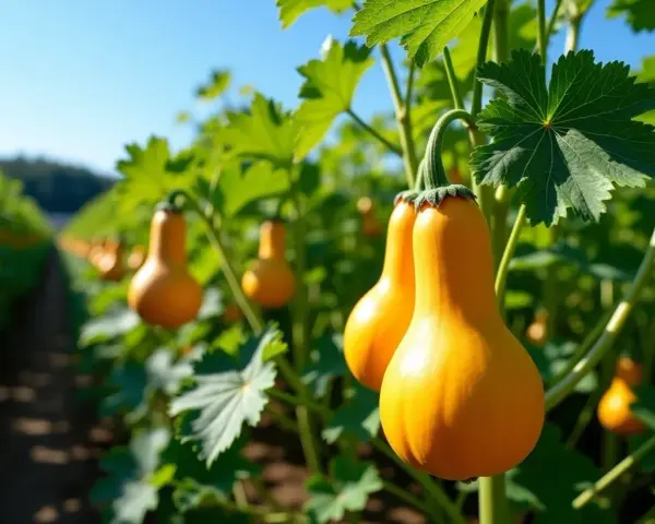 Butternuts mûrissent au soleil, parfaits pour savoir où planter le butternut dans le potager.