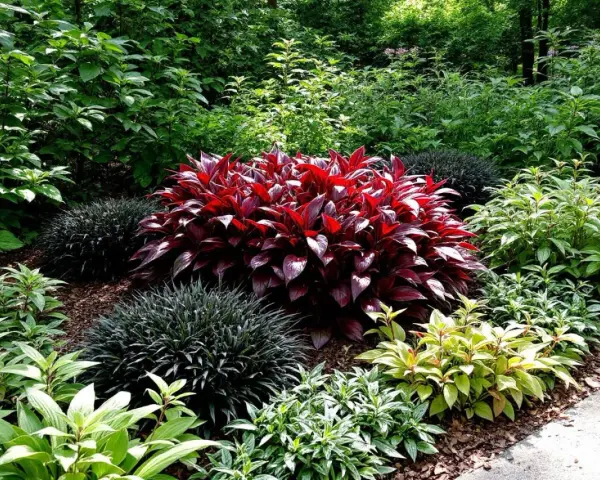 Un jardin luxuriant avec une plante rouge vif au centre, entourée de feuillages verts et sombres. Une scène parfaite de plante extérieur ombre sans entretien.