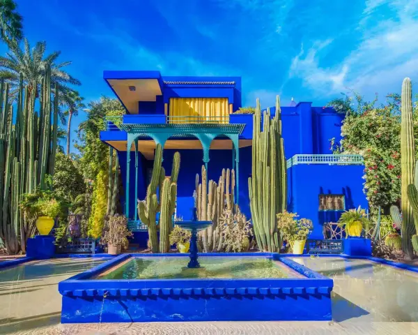 Jardin Majorelle, un havre de paix aux teintes bleu klein et bleu majorelle, où cactus et fontaines s'épanouissent sous un ciel azur.