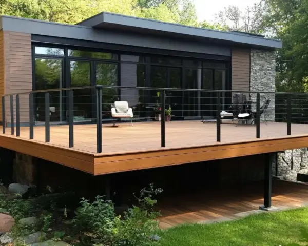 Une **terrasse sur pilotis moderne** s'étend devant une maison aux lignes épurées, offrant un espace extérieur invitant.