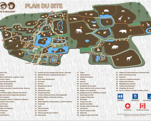 Plan du zoo du Bassin d'Arcachon : découvrez les enclos des animaux, des tigres aux éléphants, et repérez les services pour votre visite.