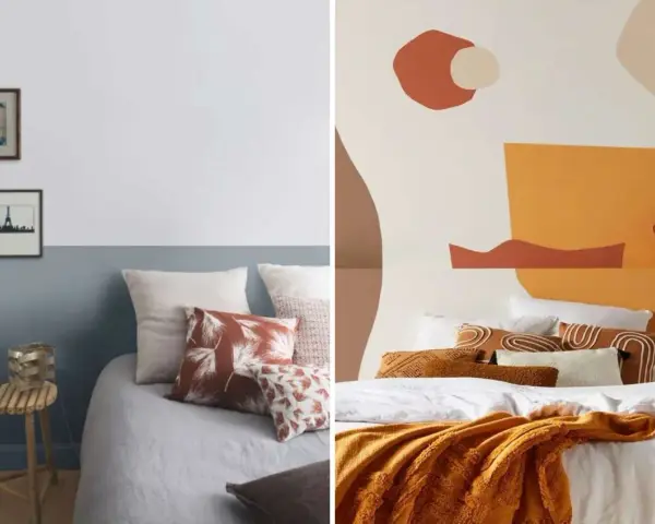 Deux chambres avec des têtes de lit en peinture. L'une est bleue et blanche avec des cadres, l'autre est abstraite et colorée.