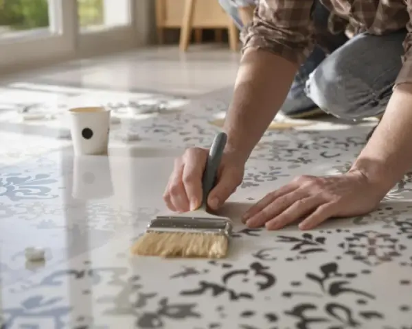 Une personne s'agenouille pour peindre du carrelage au sol avec un pochoir et un pinceau, créant un motif floral.