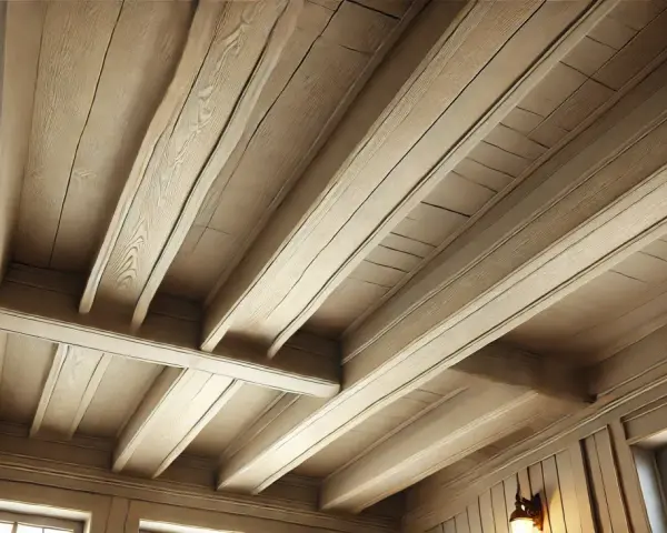 Plafond en bois avec poutres peintes couleur lin, créant une ambiance chaleureuse et rustique.