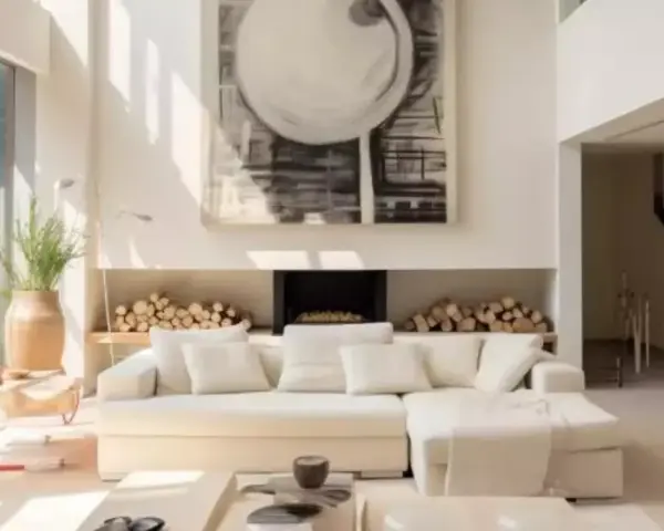 Un **salon beige et blanc** lumineux avec un grand canapé, une cheminée ornée de bois et une œuvre d'art abstraite.