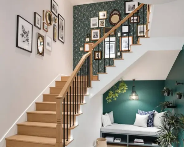 Escalier moderne avec mur de cadres et papier peint graphique. Une banquette confortable sous l'escalier, une belle idee couleur cage escalier.
