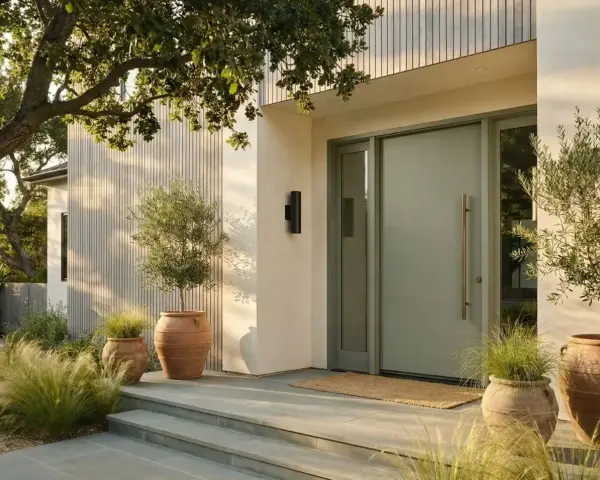 Porte d'entrée moderne couleur sauge, avec des oliviers en pot et des graminées. L'architecture épurée et la lumière douce créent une ambiance accueillante.