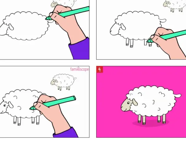 Étapes pour dessiner un mouton : un corps floconneux, des pattes, une tête, puis le mouton est terminé sur fond rose.