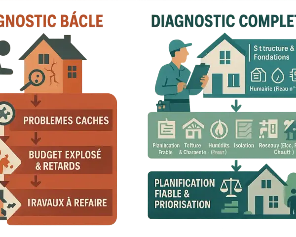 Diagnostic d'une rénovation maison ancienne : le mauvais diagnostic révèle des problèmes cachés, un budget explosé et des travaux à refaire. Le bon diagnostic assure une planification fiable.