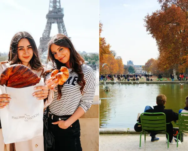 Deux femmes savourent des croissants devant la Tour Eiffel, un clin d'œil à la gourmandise sur la rue de Rivoli. À droite, des couples profitent d'un après-midi d'automne au Jardin des Tuileries.