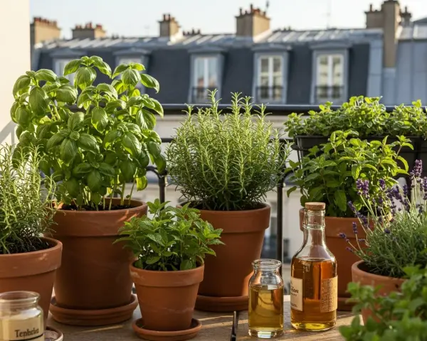 Un balcon parisien fleuri de plantes aromatiques : basilic, romarin, menthe, lavande. Huiles essentielles prêtes à l'emploi.