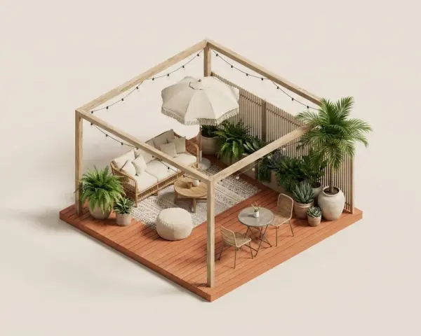 Aménager une petite terrasse sans se ruiner : un salon de jardin cosy avec canapé, table basse, fauteuils, parasol et plantes luxuriantes sous guirlandes lumineuses.