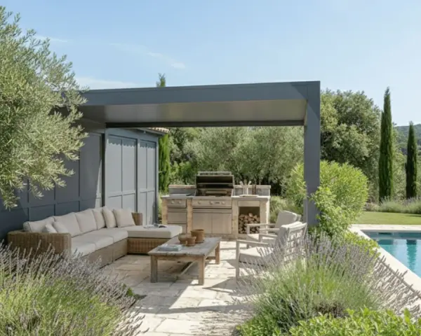 Un élégant pool house provençal avec salon extérieur, cuisine d'été et piscine, entouré d'oliviers et de lavande.