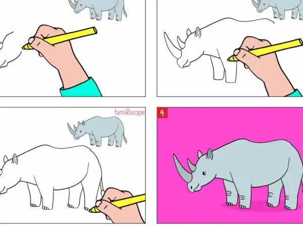 Étapes pour un rhinocéros dessin facile : une main dessine le contour, puis ajoute les détails et colore le rhinocéros sur fond rose.